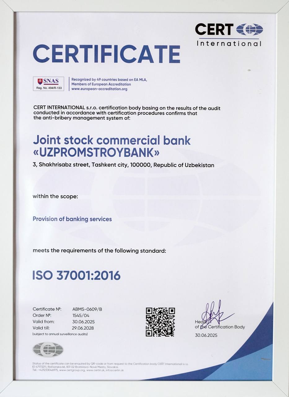 SQBning ISO 37001:2016 xalqaro sertifikati qayta tasdiqlandi