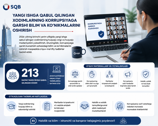 Yangi ishga qabul qilingan xodimlarning korrupsiyaga qarshi bilim va ko‘nikmalarini oshirish