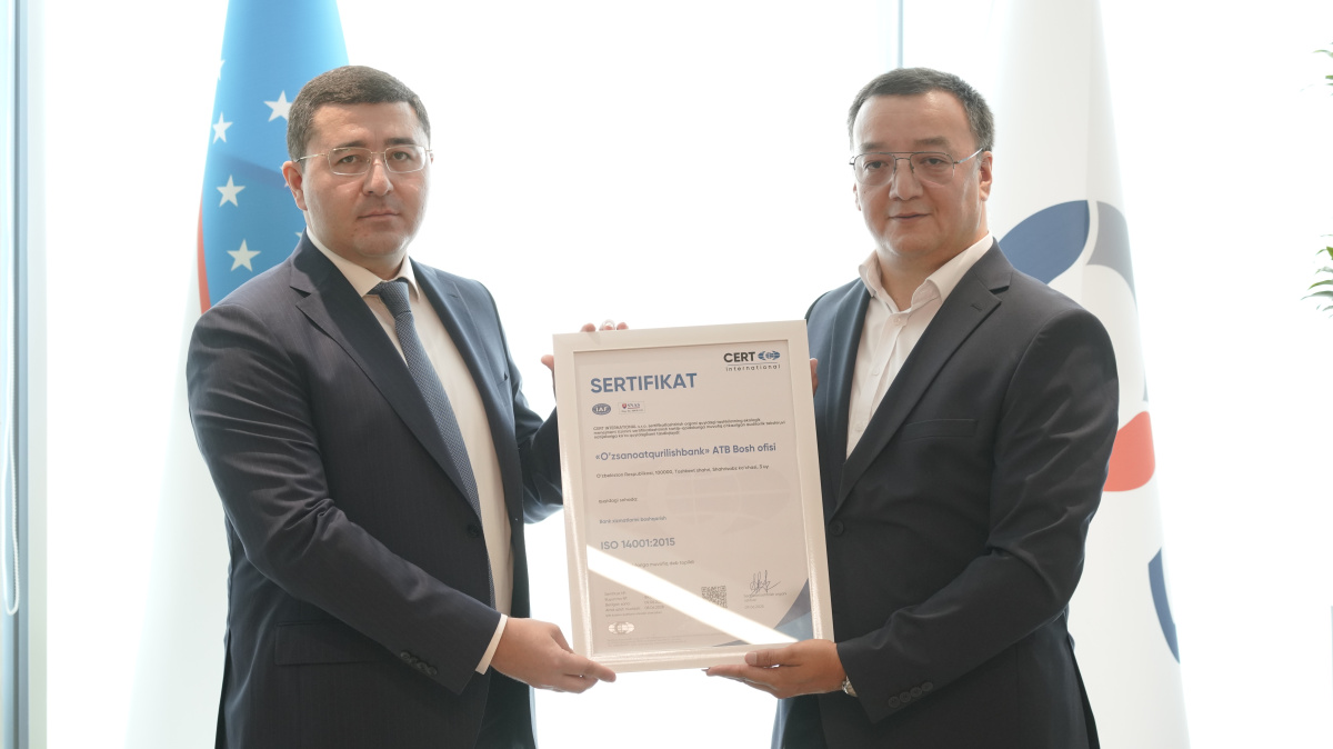 O‘zsanoatqurilishbank ISO 14001 xalqaro sertifikatiga ega bo‘ldi